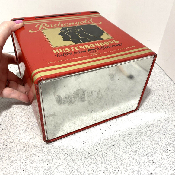Vintage Rachengold Hustenbonbons tin red & gold hinged lid Aeska Bonbons kitchen - Picture 6 of 11